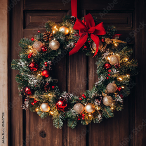 A beautifully decorated Christmas wreath adorned with ornaments and lights hanging on a wooden front door