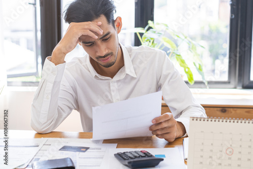 Financial concept, owe asian young male sitting suffer, stressed and confused by calculate expense from invoice, credit card, no money to pay mortgage or loan. Debt, bankrupt people.