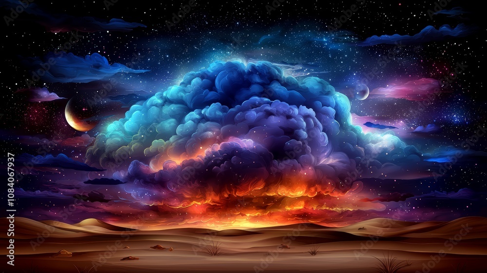 Fototapeta premium A large cloud in the middle of a desert at night
