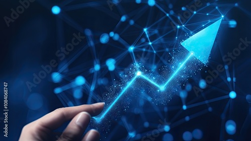 Hand touching digital rocket icon with an upward arrow, representing startup growth and innovation. Blue tech background.