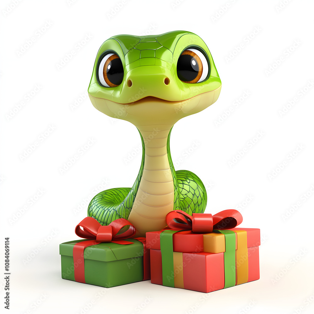 Naklejka premium Cartoon Green Wood Snake with present red gift box on white background 