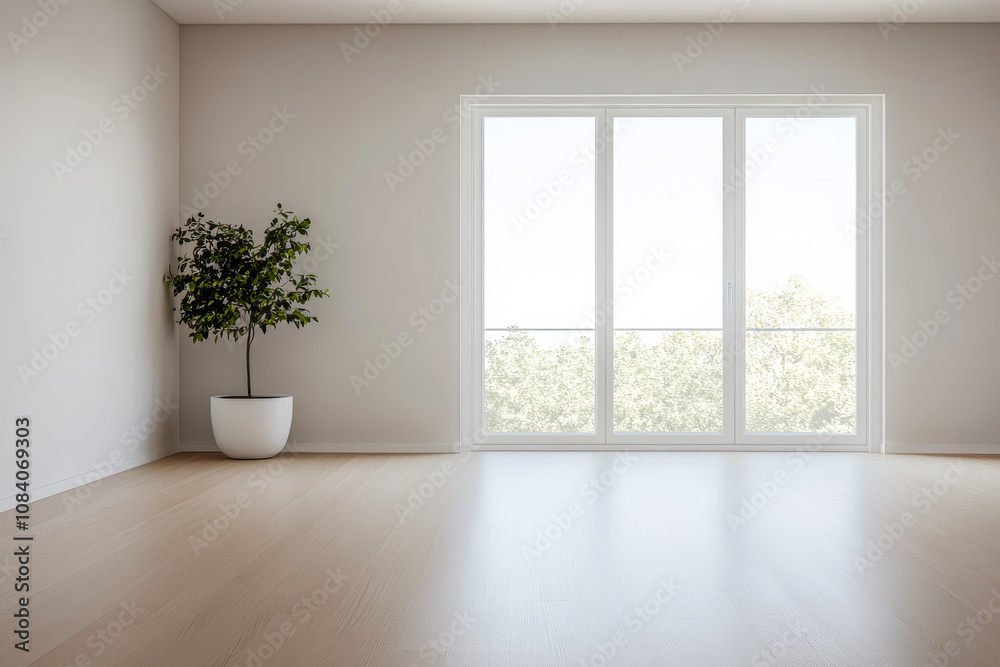 Fototapeta premium Empty and spacious minimalist room with large windows showcasing nature and greenery