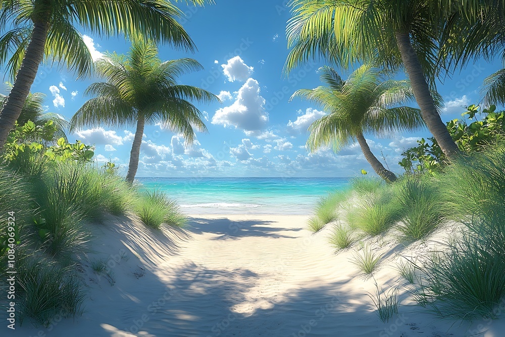 Obraz premium Palm Tree Shadows on White Sand Beach with Turquoise Water
