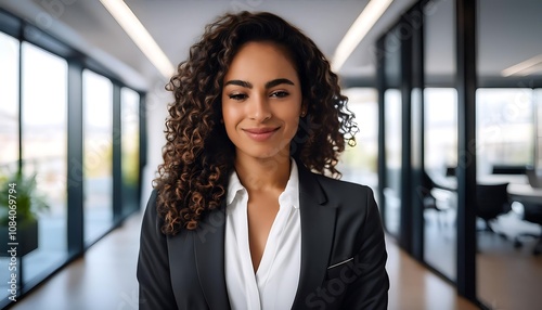  A confident young Hispanic woman stands in a modern office, her curly hair evident beneath _1(47)