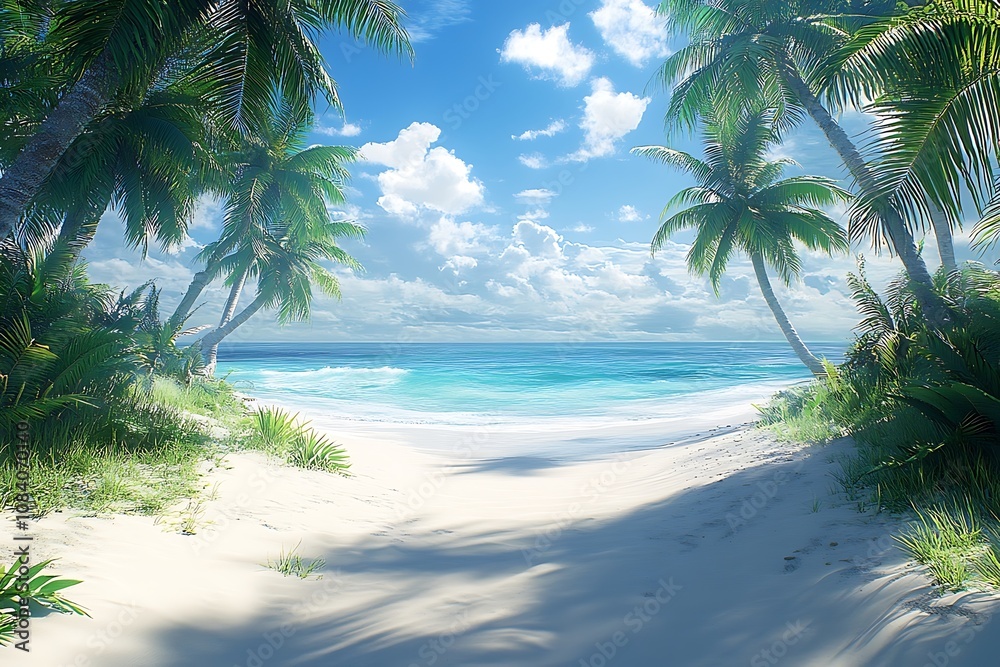 Fototapeta premium Palm Trees and Soft Waves on a Tropical Island Beach