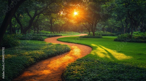 Here's a description and keywords for your image.. Sunlit path winding through a lush green park. photo