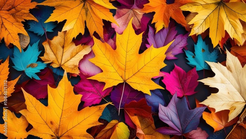 Fototapeta premium colorful autumn leaves, vibrant fall foliage, maple leaves, diverse colors, red yellow orange blue, high contrast, nature photography, top-down view, seasonal texture, leaf carpet, macro detail, crisp