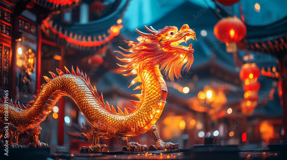 Obraz premium A detailed golden dragon statue is the focal point, set against a backdrop of glowing red lanterns and a bustling, festively lit city at night