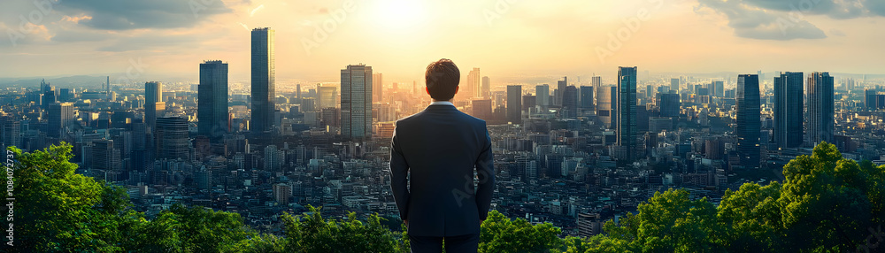 Obraz premium Businessman looking at city skyline with green overlay and copy space concept as A candid shot of a businessman gazing at a city skyline overlaid with images of green trees symbolizing the integration