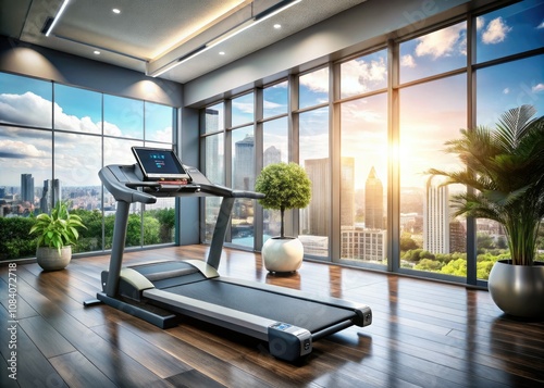 Modern Gym Equipment with Treadmill and Digital Display in Sunlit Interior for Fitness Motivation and Workout Inspiration