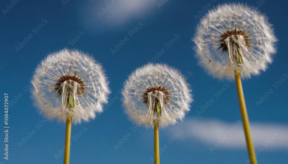Fototapeta premium Three dandelion flowers against a blue sky with a bright and cheerful atmosphere