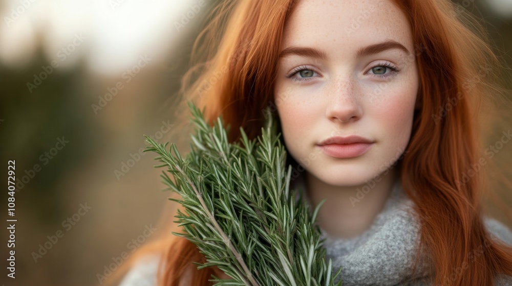 Naklejka premium Close-up Portrait of a Woman with Red Hair and Rosemary