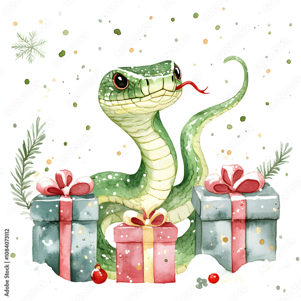Obraz premium Cartoon Green Wood Snake with present red gift box on white background 