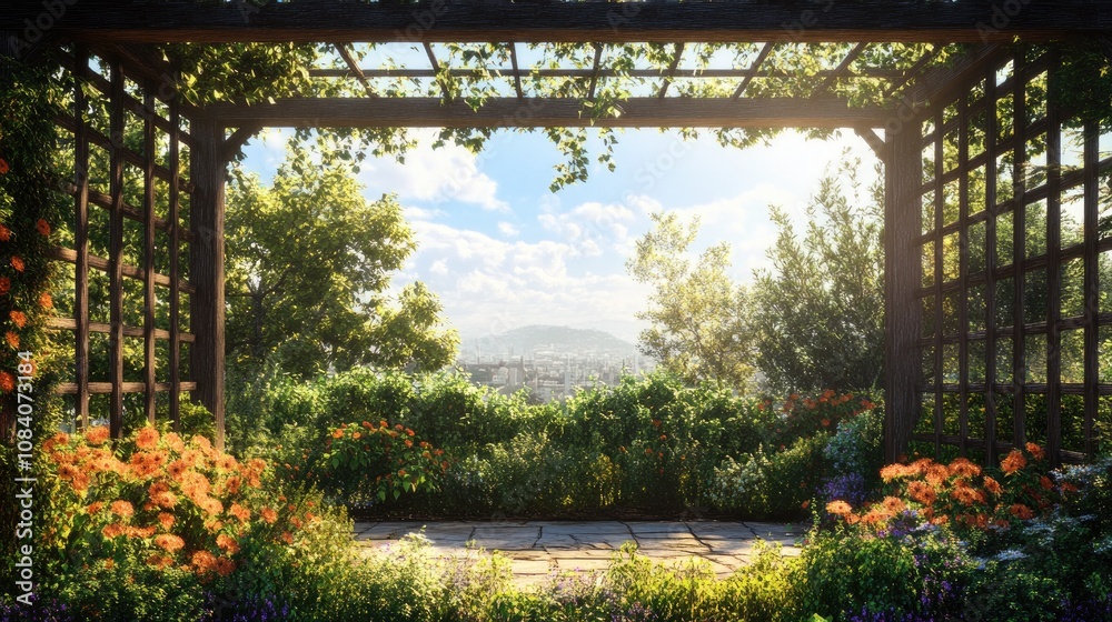 Fototapeta premium A wooden arbor with a view of a city and mountains in the distance. The arbor is covered in vines and flowers. There is a stone path leading to the arbor.