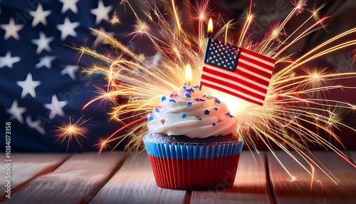  A festive banner features a cupcake with an American flag and sparkler on it, celebrati_1(80) photo