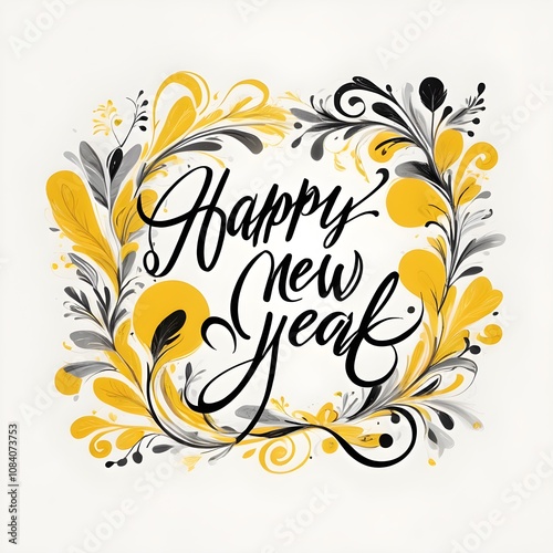 Happy New year typography design with Black, yellow color, New year social media post design, Floral new year typography design photo