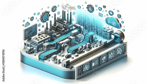 3D Factory conveyor belt with digital code overlay and copy space concept as Glossy image of a factory conveyor belt overlaid with digital code symbolizing the automation and data integration in manuf photo