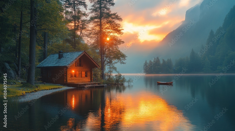Fototapeta premium Sunrise over tranquil lake with cabin.