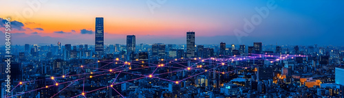 City skyline with glowing network lines and copy space concept as Glossy image of city skyline illuminated by glowing network lines connecting buildings symbolizing cyber resilience in modern urban en