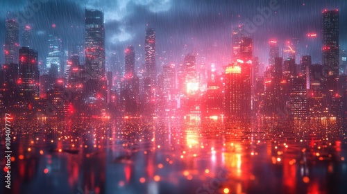 Rain-soaked cyberpunk city at night, reflecting vibrant lights.