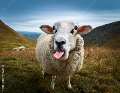 Funny sheep. Portrait of sheep showing tongue. photo