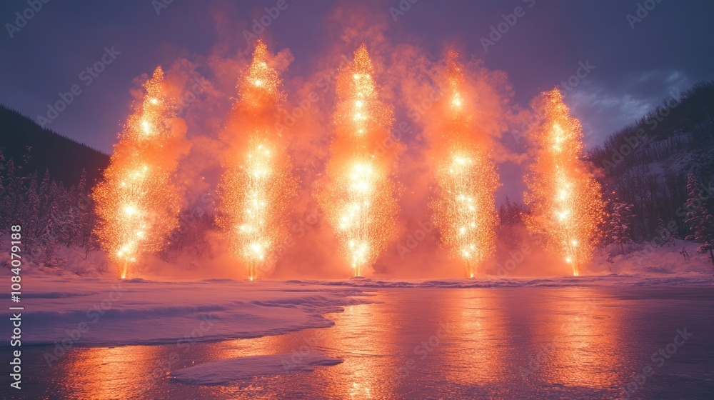 Fototapeta premium Fiery pillars rise from frozen lake at dusk.