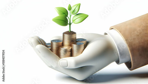 3D Close up of a hand holding a small plant growing from coins with copy space concept as A macro shot shows a hand holding a small plant sprouting from a pile of coins symbolizing financial investmen photo