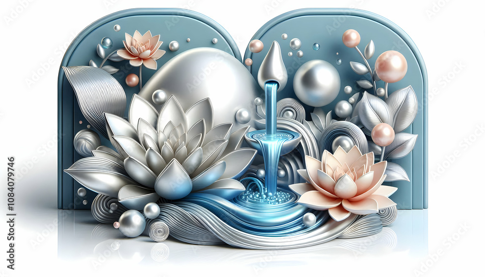 Obraz premium 3D Glossy background with flowing water and smooth pebbles copy space below. concept as Serene glossy background featuring flowing water over smooth pebbles symbolizing tranquility and natural wellnes