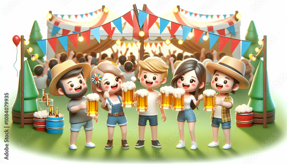 Fototapeta premium 3D Friends toasting with beer mugs at outdoor festival copy space above. concept as Cheerful friends toasting with beer mugs at an outdoor festival capturing camaraderie and celebration in a lively fe