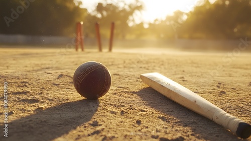 Cricket Bat and Ball on Pitch photo