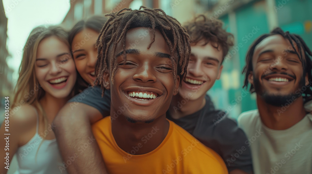 Fototapeta premium A group of smiling young friends having fun together outdoors in front of a building