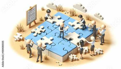 3D Group of colleagues solving puzzle pieces outdoors during team building copy space on right. concept as Group of colleagues engaging in puzzle solving outdoors during a team building activity empha photo