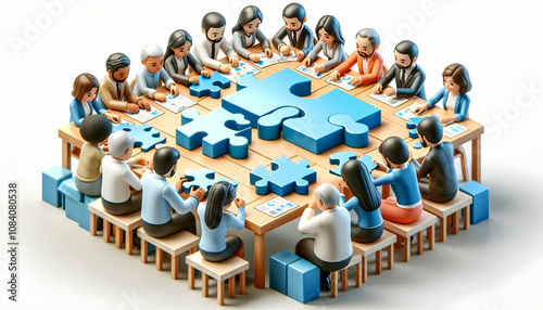 3D Reality macro of diverse team members assembling puzzle pieces on a wooden table showcasing collaboration and unity copy space on top. concept as Reality macro capturing diverse team members assemb photo