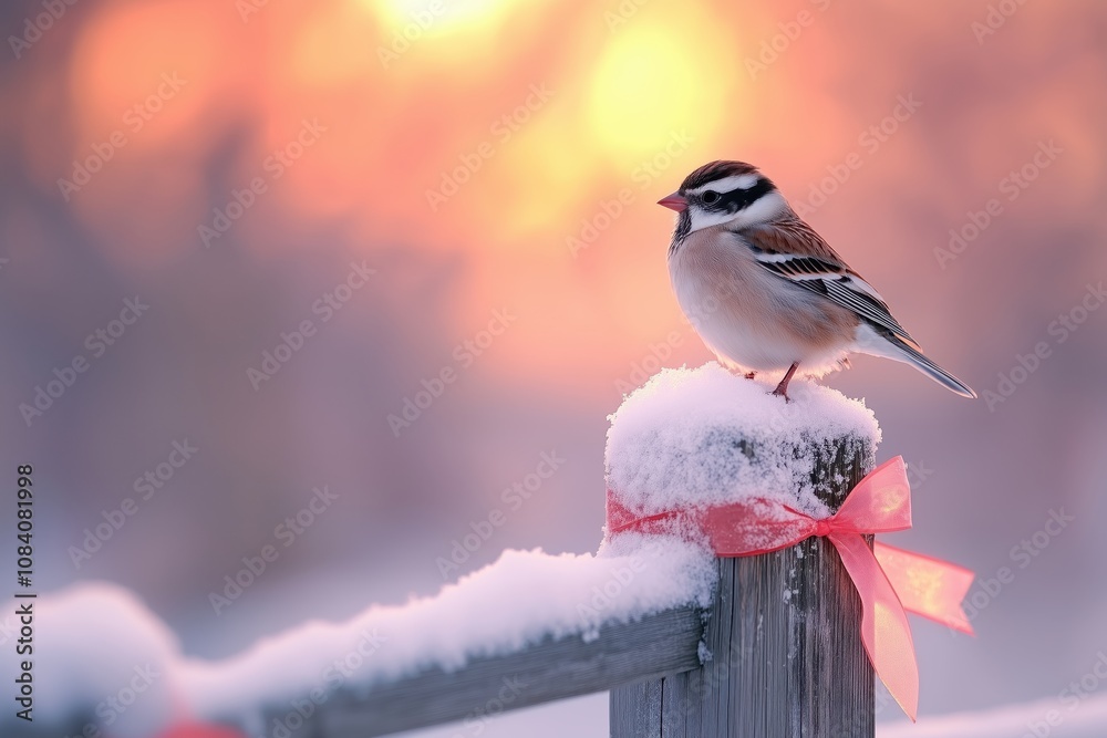 Fototapeta premium Sparrow Perched on Snowy Fence Post with Pink Ribbon at Sunrise