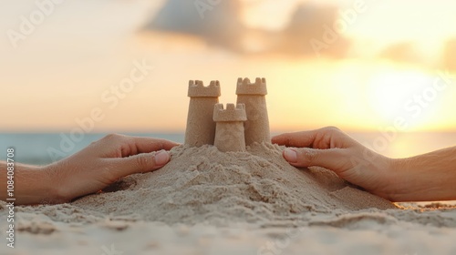 A beautiful sunset casts a golden glow on a sandcastle shaped like a fortress, built by two hands on a tranquil beach. photo