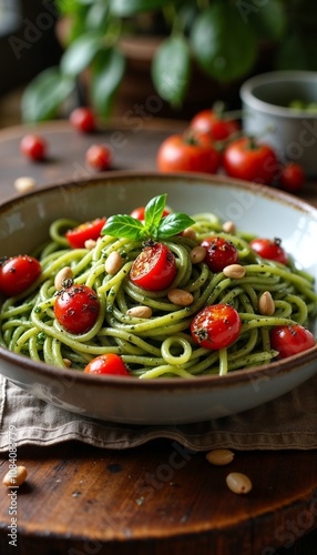 Wallpaper Mural Spaghetti with green pesto, cherry tomatoes, and pine nuts garnished with fresh basil on a plate Torontodigital.ca