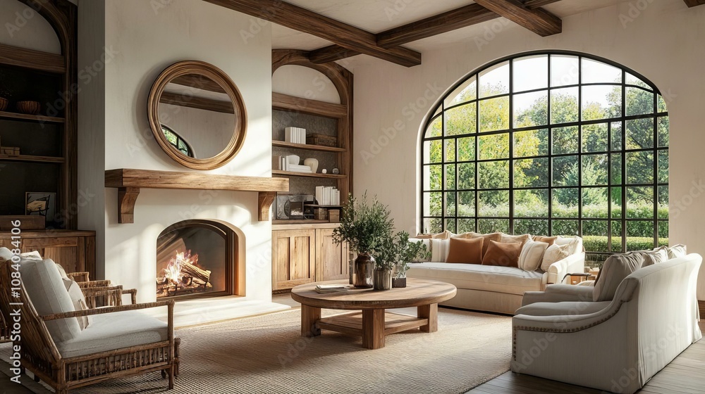 Fototapeta premium Embrace Cozy Elegance: A Serene Living Room with Rustic Charm and Natural Light