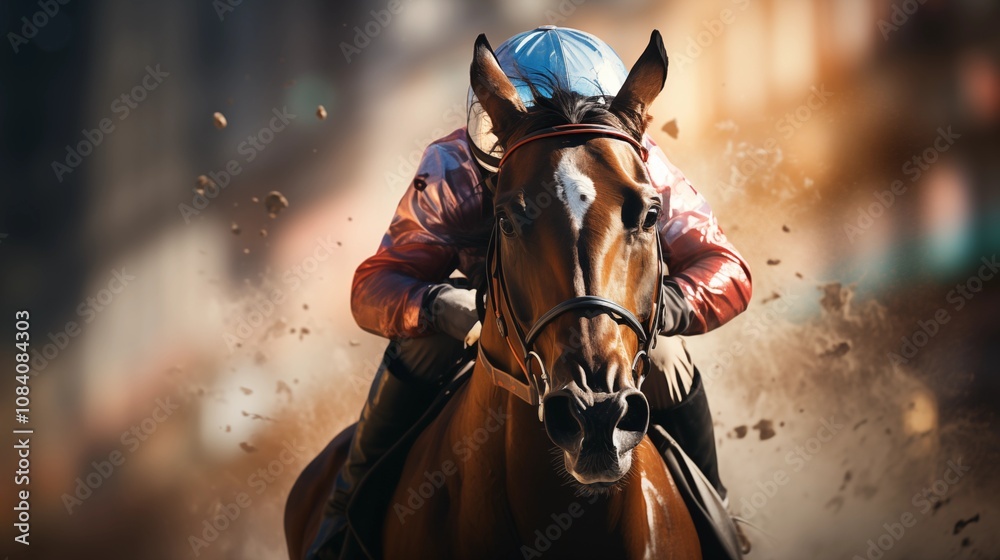 Naklejka premium Jockey on racing horse Championship Hippodrome Racetrack Horse riding Derby Speed Blurred scene.