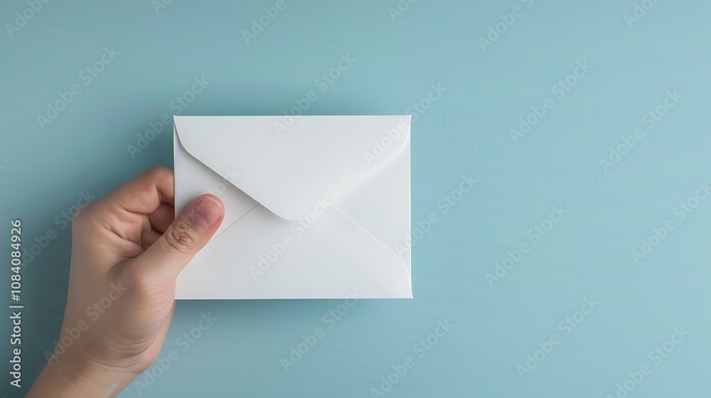 Fototapeta premium A hand holding a white envelope against a light blue background, suggesting communication or mailing purpose.