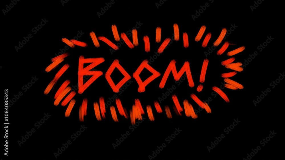 The word Boom is orange, designed in a brush stroke style with a pop-up motion effect, featuring a pointy text design on a black background with a light frame