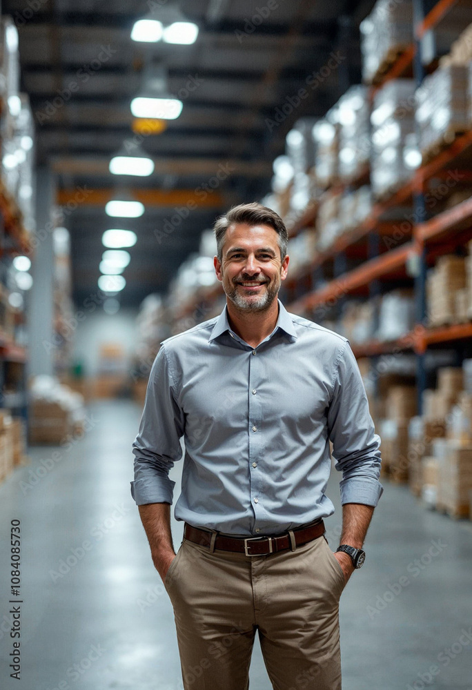 Fototapeta premium A manager stands confidently in an industrial warehouse, exuding authority and ease.