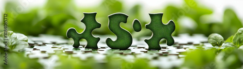 Business puzzle pieces forming a green dollar sign and copy space concept as A soft abstract image shows business themed puzzle pieces coming together to form a green dollar sign symbolizing integrati photo