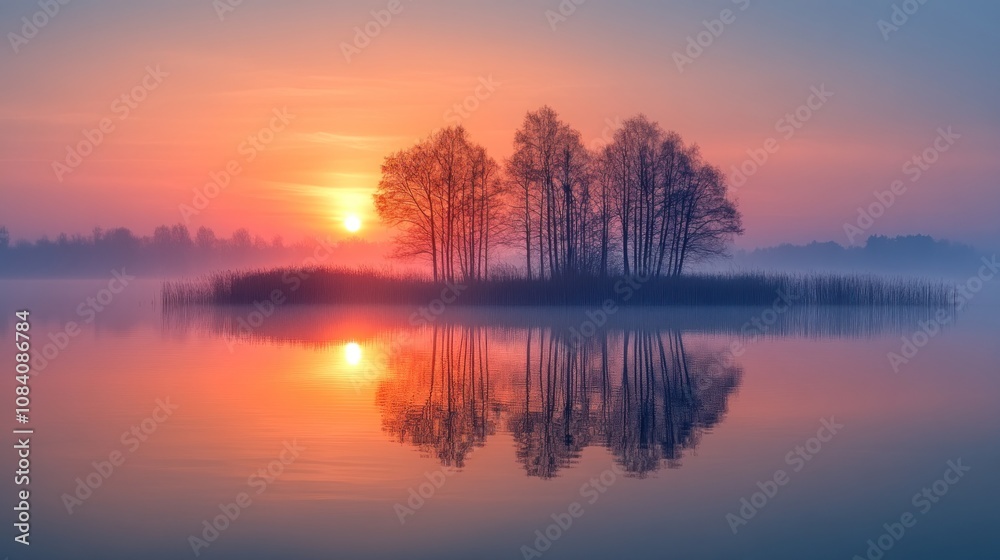 Fototapeta premium Serene sunrise over misty lake island with trees.