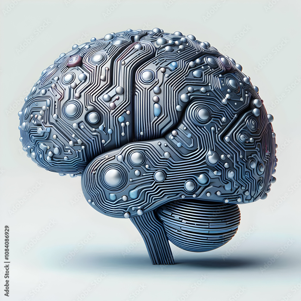 Fototapeta premium 3D Abstract digital brain made of circuit lines with copy space concept as A glossy image shows an abstract digital brain constructed from intricate circuit lines on a plain background representing ar