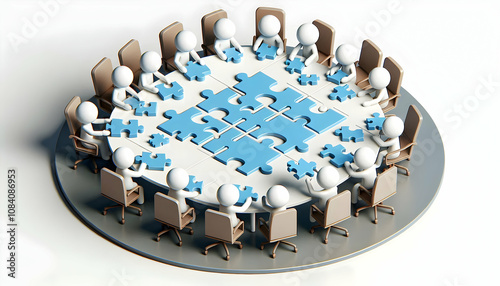 3D Diverse team assembling puzzle pieces around a table in a conference room copy space below. concept as Diverse team assembling puzzle pieces around a table in a conference room highlighting inclusi photo