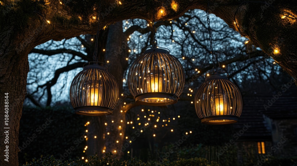 Fototapeta premium Three illuminated lanterns hang from a tree branch at night, surrounded by fairy lights.