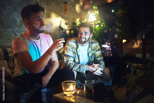 Happy, friends and men with weed or joint for smoking habit, thc herbs and drugs at night. Smoker, marijuana and people with blunt for cannabis, 420 and CBD for chill, relax and stress relief in home