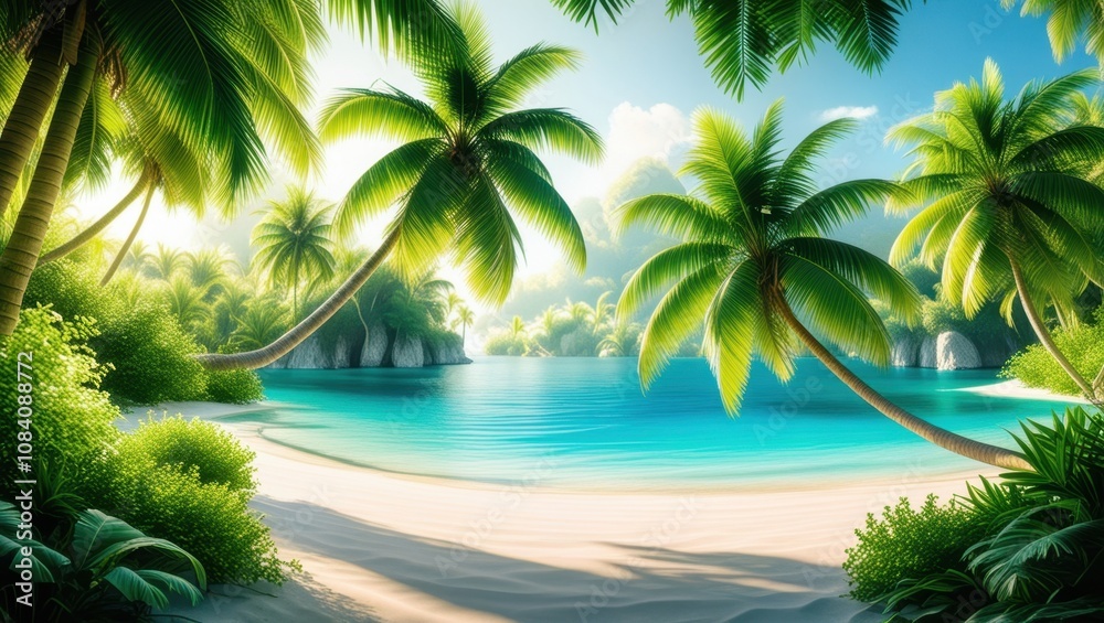 Fototapeta premium Tropical paradise, crystal clear lagoon, white sandy beach, lush palm trees, sunlight filtering through leaves, exotic jungle foliage, tranquil waters, idyllic island scenery, vibrant green vegetation