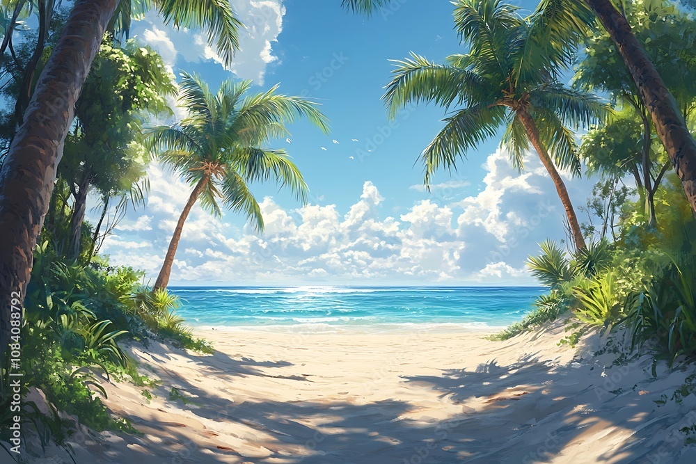 Obraz premium Tropical Island Beach Scene with Palm Trees and Sun Drenched Sand