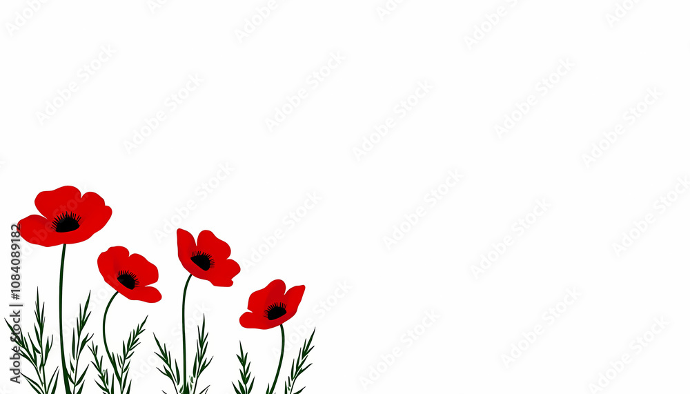 Obraz premium Red poppy flowers illustration, minimalist style on white background, elegant design, copy space